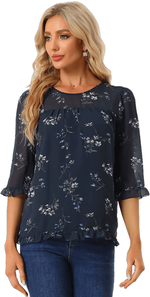 Allegra K Women's Casual Ruffle 3/4 Sleeve Floral Print Chiffon Blouse