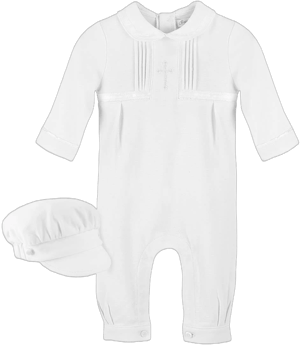 Carriage Boutique Cross Embroidered Christening Romper & Newsboy Cap Set