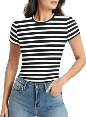 Women's Fitted Round Neck Short Sleeve Striped T-Shirt