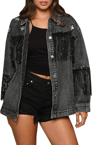 Women's Oversized Fringe Boyfriend Denim Jacket