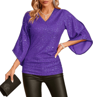 American Trends Women's 3/4 Sleeve Sparkly Sequin V-Neck Blouse