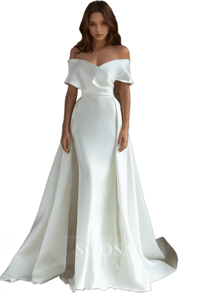 Off Shoulder Satin Wedding Dress with Train