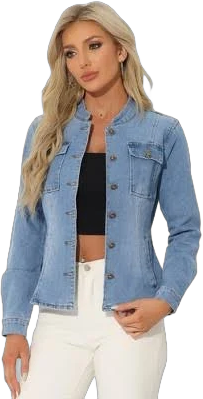 Allegra K Women's Casual Denim Classic Stand Collar Long Sleeve Jean Jacket