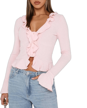 Women's Y2K Long Sleeve Ruffle Crop Top