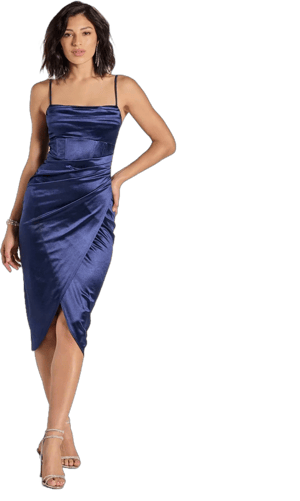 Windsor Margaret Satin Wrap Midi Dress with Rhinestones