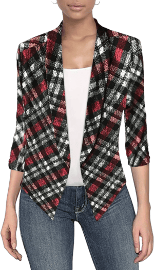 Hybrid & Company Women's Casual Work Office Open Front Plaid Blazer Jacket