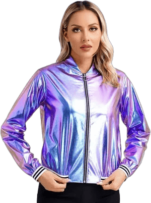 Iefiel Womens Holographic Metallic Bomber Jacket Shiny Long Sleeve Zipper Coat Baseball Jacket Outerwear