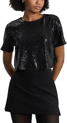 Express Women's Sequin Crew Neck Crop Boyfriend Top