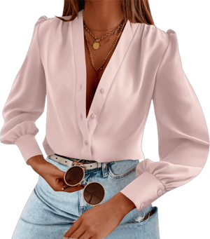 Women's Silk Button Down V Neck Long Sleeve Shirt