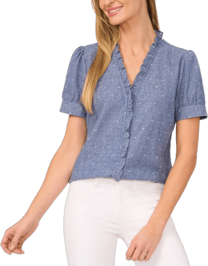 Cece Ruffle Trim Chambray Button-Up Top