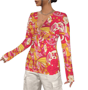 Blissfully Brand Decora Twisted V-Neck Long Sleeve Psychedelic Print Top