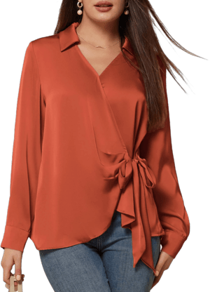 GRACE KARIN Women's Casual Satin Top Long Sleeve Satin Blouse Top with V-Neck and Left Bow