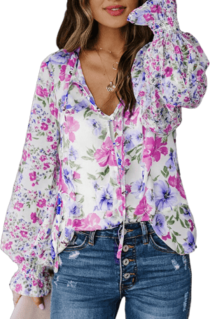 Women's Casual Boho Floral Print V-Neck Long Sleeve Drawstring Top