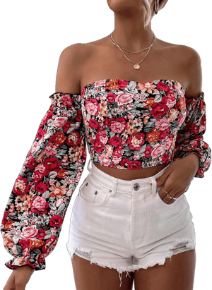 MakeMeChic Women's Off Shoulder Lantern Sleeve Ditsy Floral Blouse