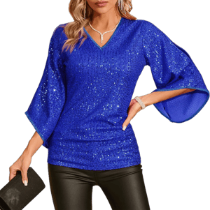 American Trends Women's 3/4 Sleeve Sparkly Sequin V-Neck Blouse