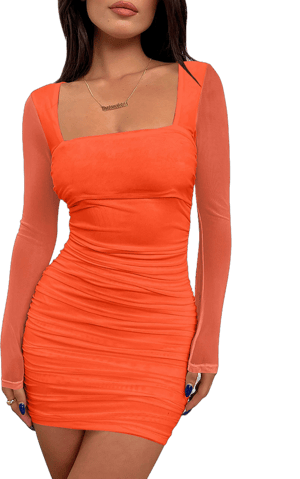 BORIFLORS Women's Ruched Bodycon Mini Dress with Mesh Long Sleeves