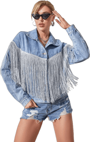 YILANUOYI Women's Casual Tassel Fringe Crop Denim Jacket