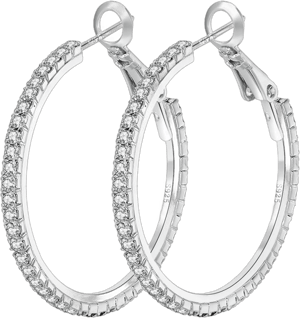 925 Sterling Silver Large Round Rhinestone Hoop Earrings