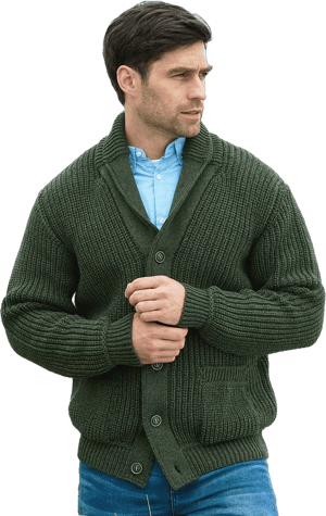 Aran Crafts Dark Green Ribbed Shawl Cardigan - S