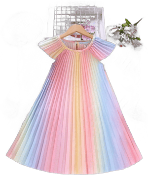 SHEIN Tween Girl Round Neck Short Sleeve Rainbow Pleated Dress