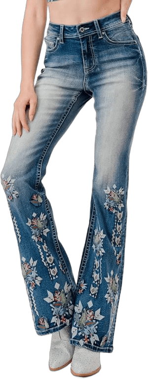 Grace in La Floral Embroidered High Waist Flare Jeans