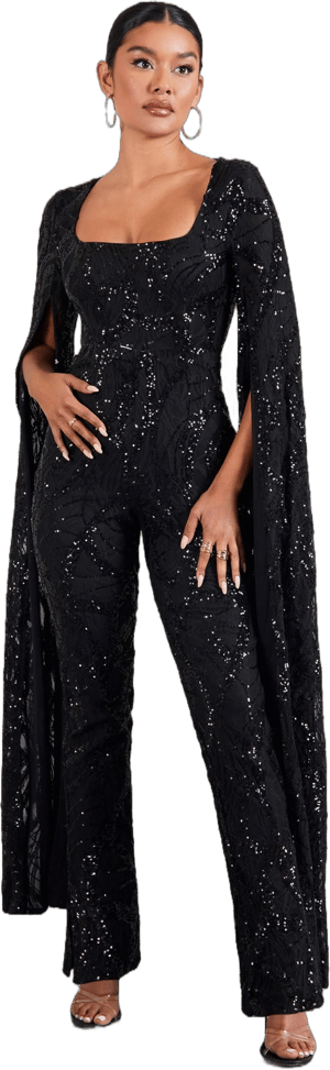 Club L London Cher Sequin Lace Square-Neck Jumpsuit with Cape Sleeves