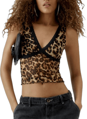 Leopard Print Sheer Mesh Tank Top with Lace Trim