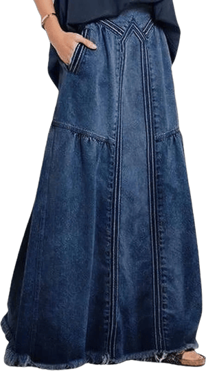 CHARTOU Women's Retro Elastic High Waist Frayed A-Line Maxi Denim Skirt with Pockets