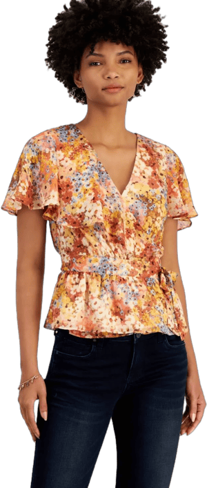 GUESS Women's Ferra Short Sleeve Daisies Print Top