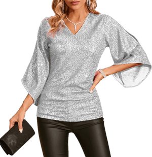 American Trends Women's 3/4 Sleeve Sparkly Sequin V-Neck Blouse