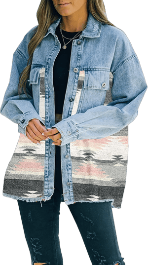 Lumister Women's Distressed Aztec Denim Jacket