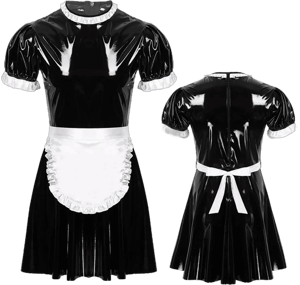 Men's Wet Look Patent Leather Sissy Maid Costume Set