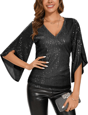 Genhoo Women's Sparkly Sequin 3/4 Sleeve V-Neck Wrap Blouse