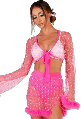 iHeartRaves Glamour Girl Pearl Studded Marabou Skirt Set