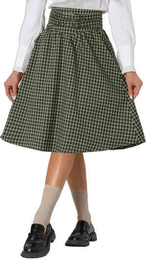 Allegra K Women's Vintage High Waist Double Belted Plaid Midi Skirt