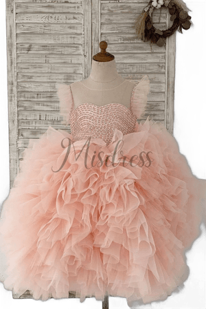 Kids Fluffy Sleeve Beaded Tulle Organza Flower Girl Dress