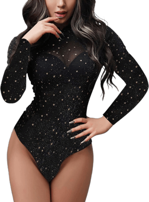 SEBOWEL Women's Rhinestone Sparkly Sheer Mesh Bodysuit