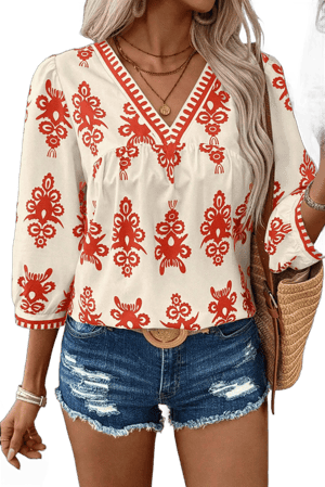 Orange Vintage Geometric Printed 3/4 Sleeve V Neck Blouse