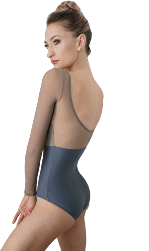 Adult Jule Dancewear Long Sleeve Scoop Mesh Ballet Leotard Neutral Taupe + Charcoal Grey