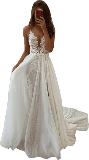 A-Line V-Neck Tulle Lace Backless Wedding Dress