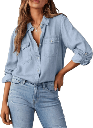 Women's Casual Long Sleeve V Neck Denim Shirt