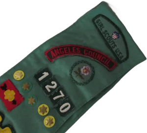 Girl Scout Sash, Vintage, Green, Troop Number/Location, Five Gold Star Pins, 10 Merit Badges, Three Special Badges