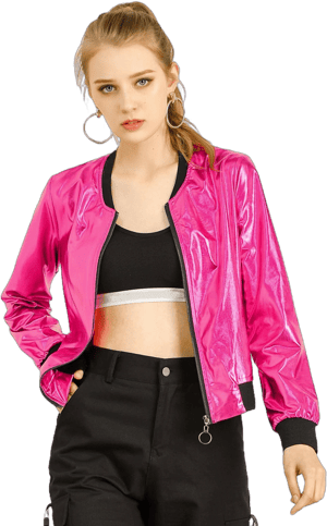 Allegra K Women's Holographic Shimmering Metallic Lightweight Bomber Jacket