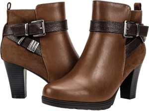 Women's Chunky Stacked Heel Ankle Boots with Buckle Strap