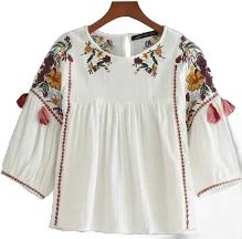 Lady Chemise Top Flower Embroidery Retro 3/4 Sleeve Baggy Fit Boat