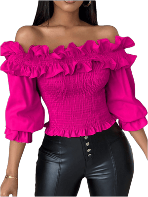 Floerns Women's Off Shoulder Ruffle Trim Shirred Blouse