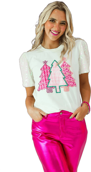 Southern Grace Festive Forest on White Sequin Sleeve Top