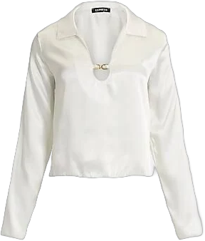 Express Women's Satin V-Neck Long Sleeve Hardware Collared Top