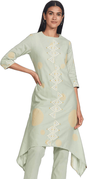 Biba Women Mint Green Cotton Flax Asymmetric Printed Kurta