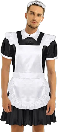 Mens Sissy French Maid Uniform Costumes Satin Dress Apron With